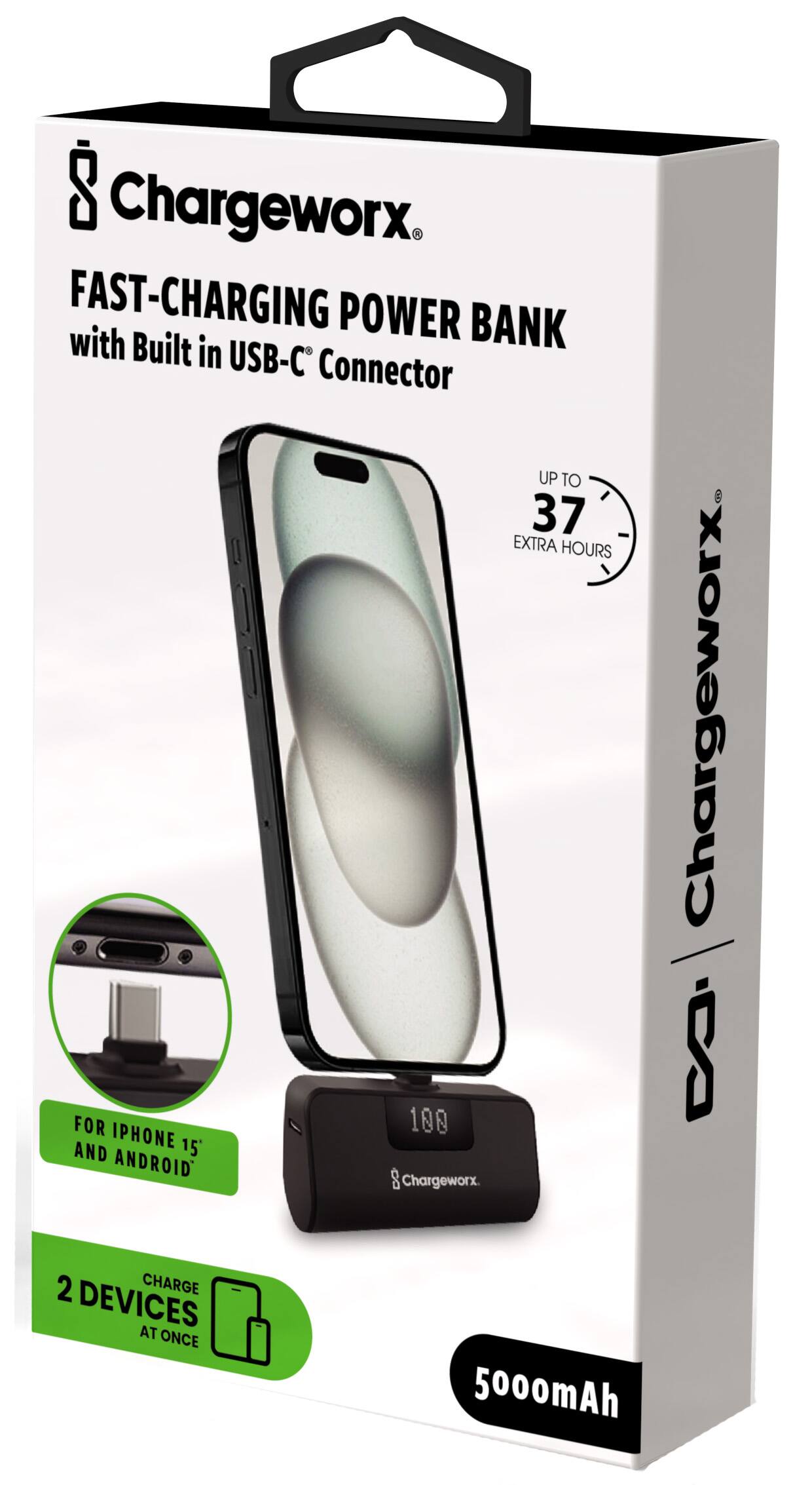 Chargeworx Fast-Charging Power Bank with Built-in USB-C Connector, Up to 37 Extra Hours for iPhone 15 and Android, 5000mAh, 2 Charge Devices at Once, 2 Devices in Box.