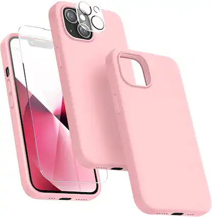 Front. Entronix - Entronix 3-in-1 Bundle for iPhone 13 Mini - Liquid Silicone Case, Screen & Camera Protectors - Light Pink.