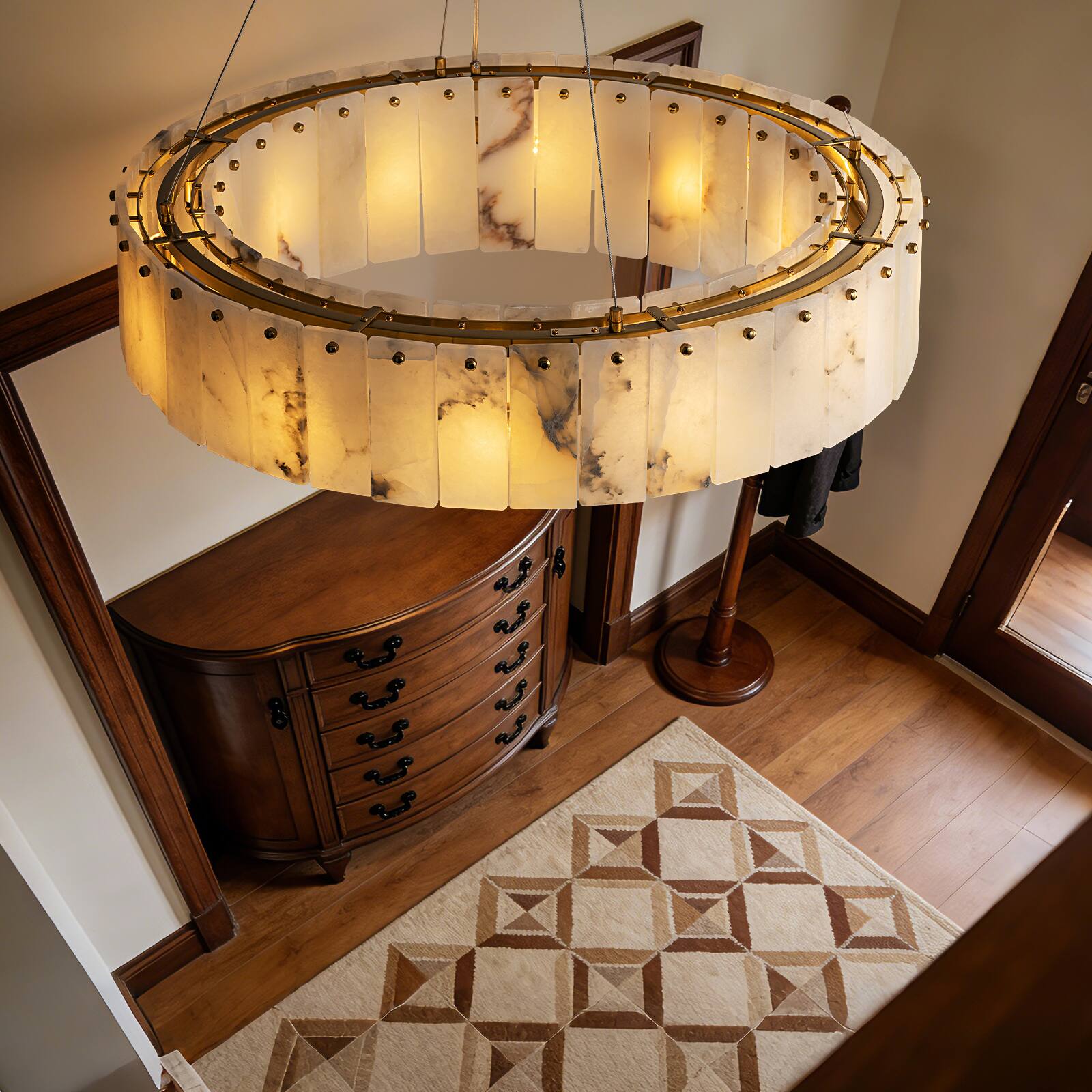 Alt View 4. Siljoy - 32-In Gold Natural Alabaster Drum Chandelier 12-Light E12 Adjustable Height for Dining Room Living Room Bedroom Island - Gold.