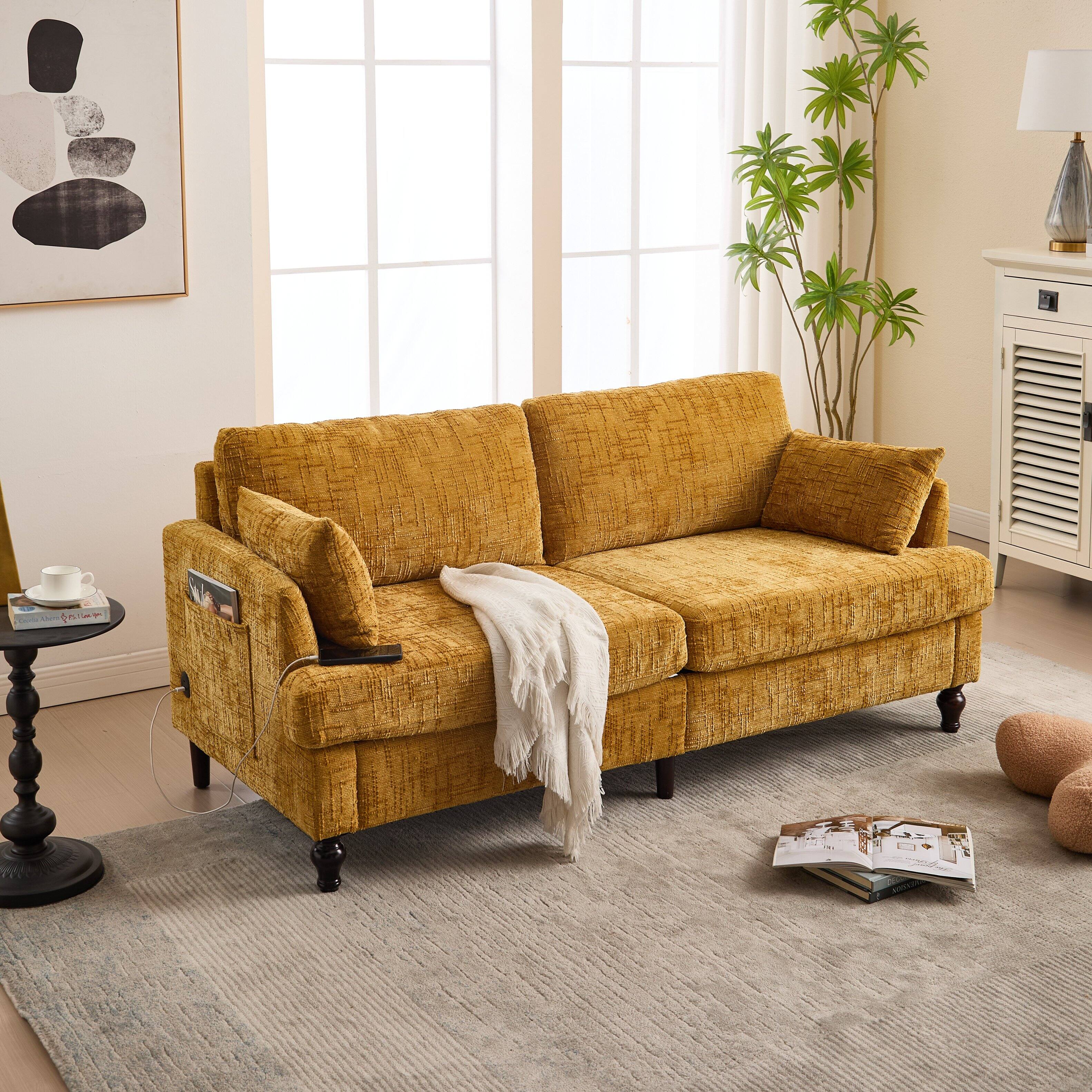 Alt View 9. Ecooso - Modern Chenille 2-Seater Sofa with Wood Legs, LED Light, USB Charging Port & Storage Bag for Bedroom & Study Room - Mustard yellow.
