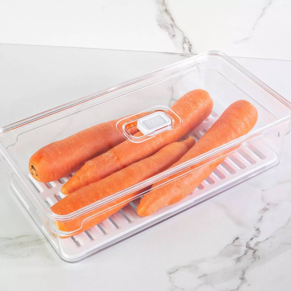 Front. OU - OU Fridge Organizer Bin with Vented Lid, Clear Stackable Refrigerator Storage Bin, 11.8" Depth - Clear.