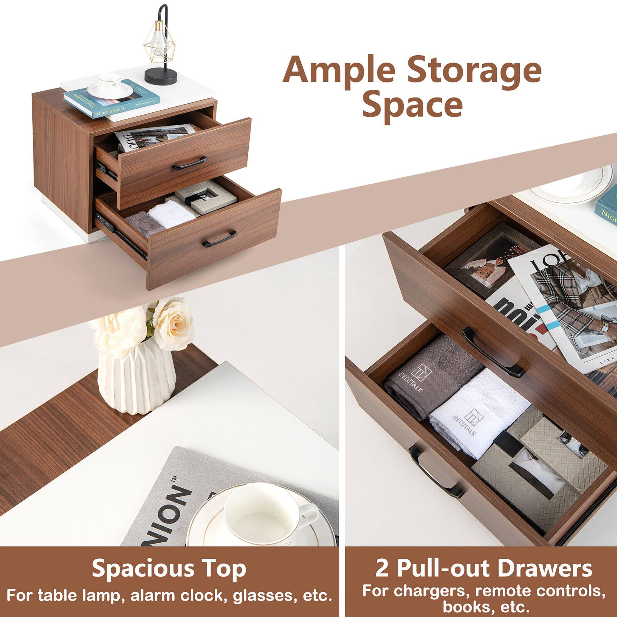 Ample Storage Space

Spacious Top
For table lamp, alarm clock, glasses, etc.

2 Pull-out Drawers
For chargers, remote controls, books, etc.