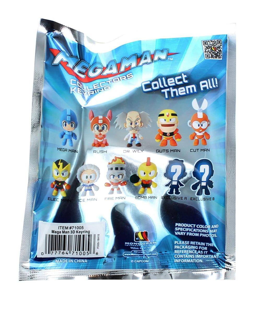 Sure, here is the corrected and grouped text from the image:

---

**Mega Man Collectors Keyring**

Collect Them All!

- MEGA MAN
- RUSH
- DR. WILY
- GUTS MAN
- CUT MAN
- ELEC MAN
- ICE MAN
- FIRE MAN
- BOMB MAN
- EXCLUSIVE A
- EXCLUSIVE B

**Item #71005**  
Mega Man 3D Keyring

**Made in China**

**Product color and specifications may vary from photos.**

**Please retain the packaging for reference as it contains important information.**

---

**Capcom**

---

**Barcode:** 0 77764 71005 6

**FCC ID:** F005-18H15

**Monogram:** Wal-Mart Stores, Inc. ©2015

**Website:** WalMart.com

**QR Code:** (Present on the packaging)

---