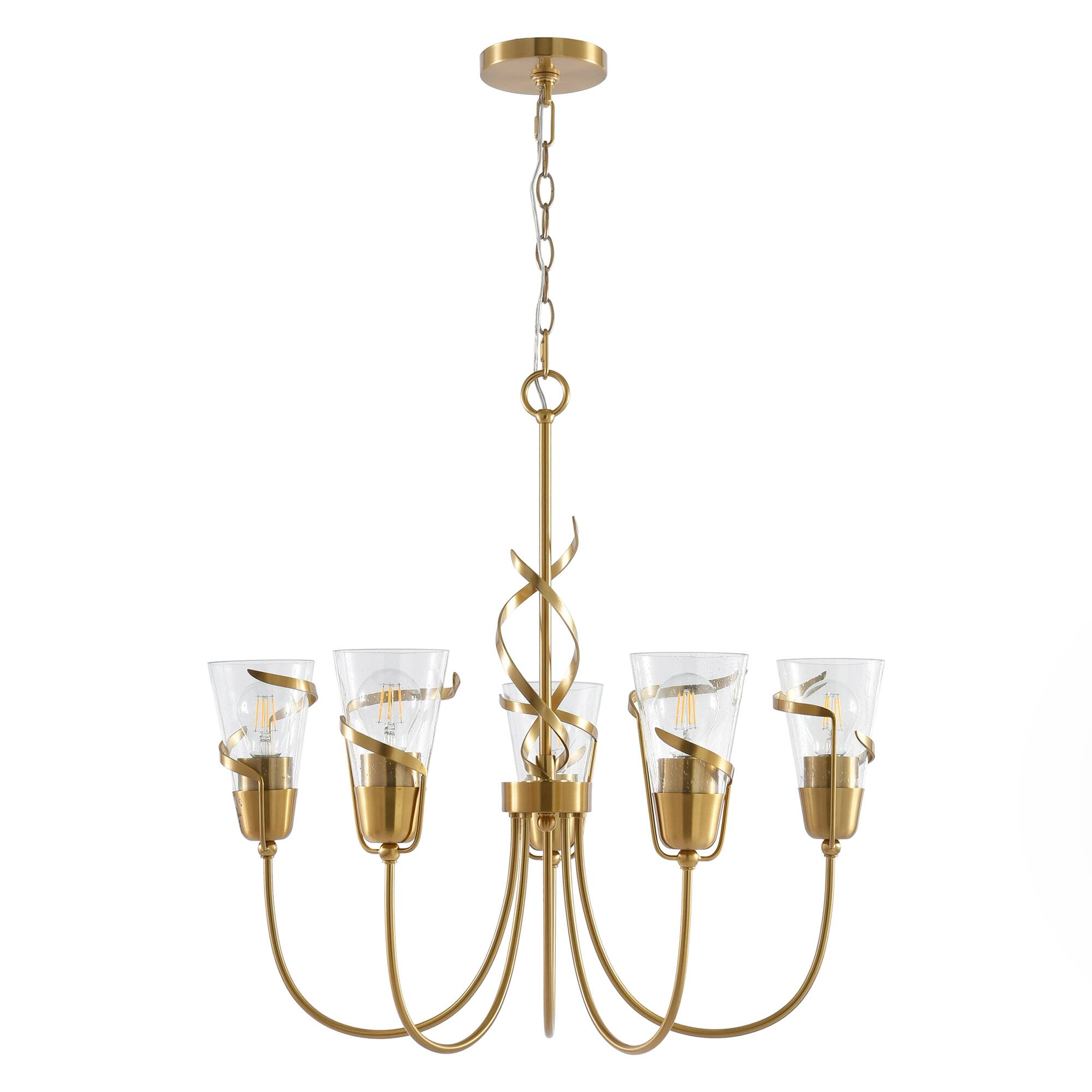Alt View 4. Parrot Uncle - 26" Modern 5-Light Chandelier with Glass Shade Adjustable Pendant Lighting For Dining Room and Living Room - Gold.
