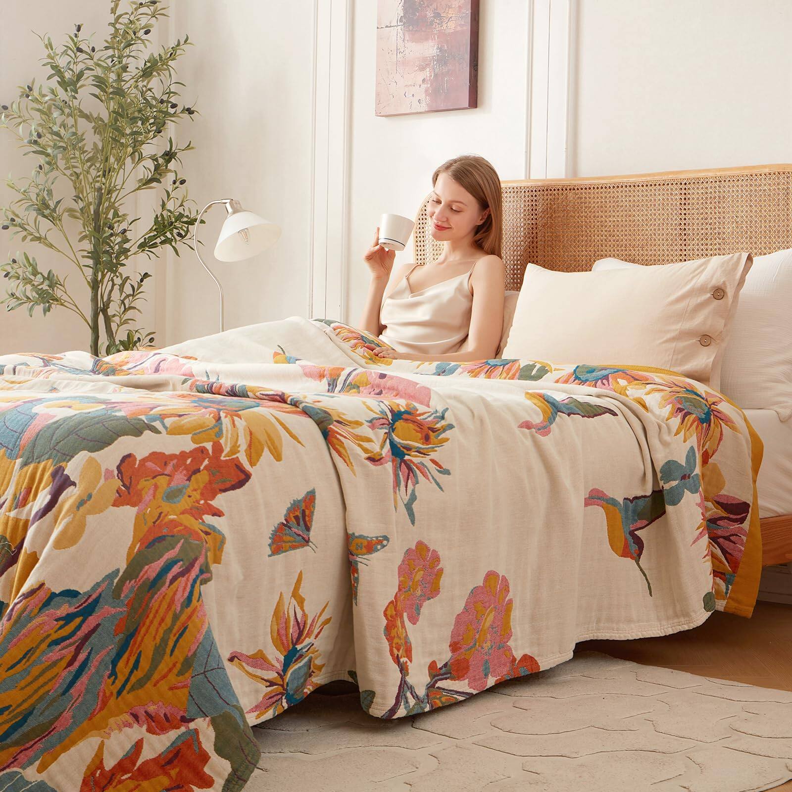 Alt View 6. Dapper Styles - Boho Throw Blanket Cotton Soft For Bed 60 x80 Reversible Breathable Lightweight Fall Blankets All Seasons - 01-lnk and Wash-(90"x108")King.