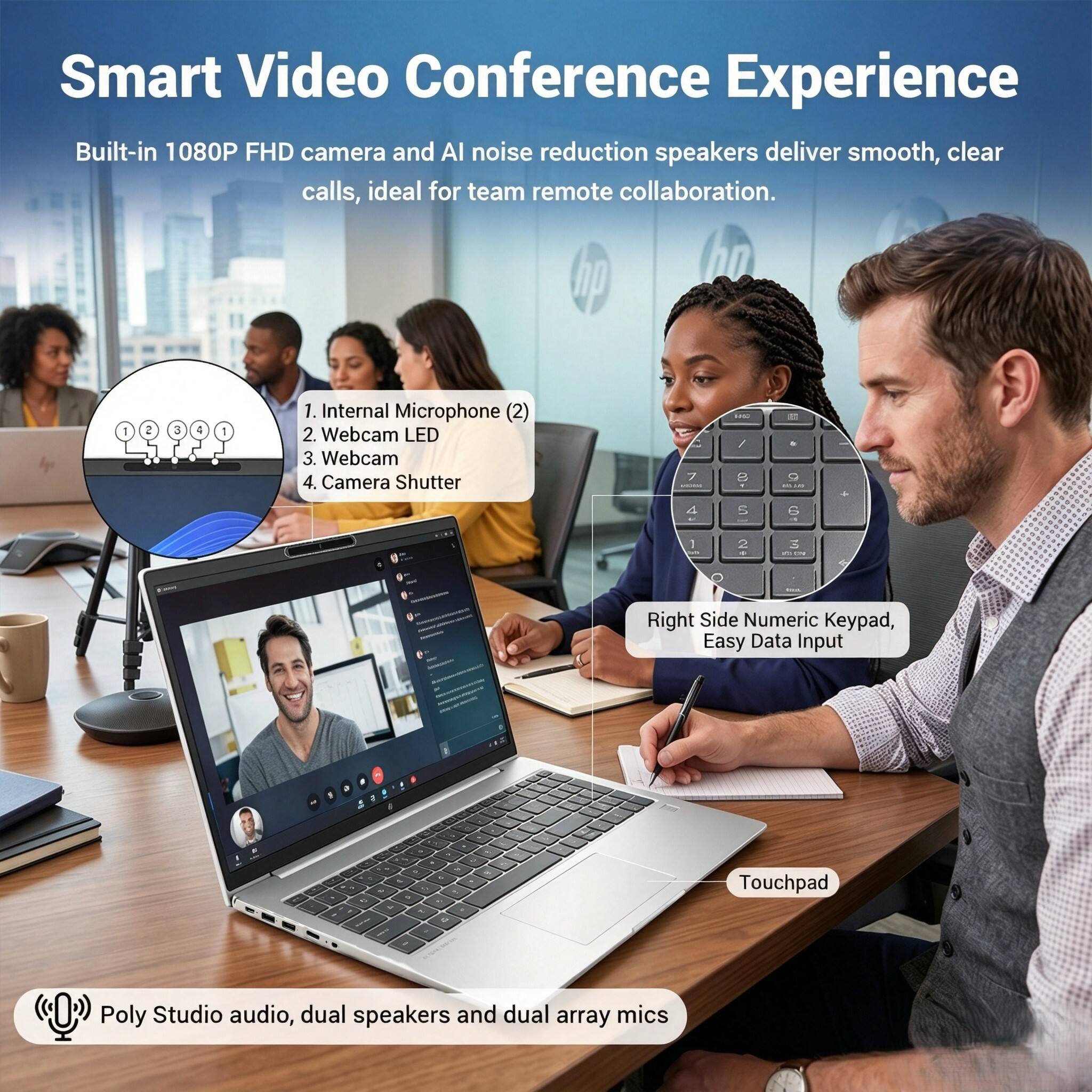 Smart Video Conference Experience

Built-in 1080P FHD camera and AI noise reduction speakers deliver smooth, clear calls, ideal for team remote collaboration.

1. Internal Microphone (2)
2. Webcam LED
3. Webcam
4. Camera Shutter

Right Side Numeric Keypad, Easy Data Input - Touchpad

Poly Studio audio, dual speakers and dual array mics