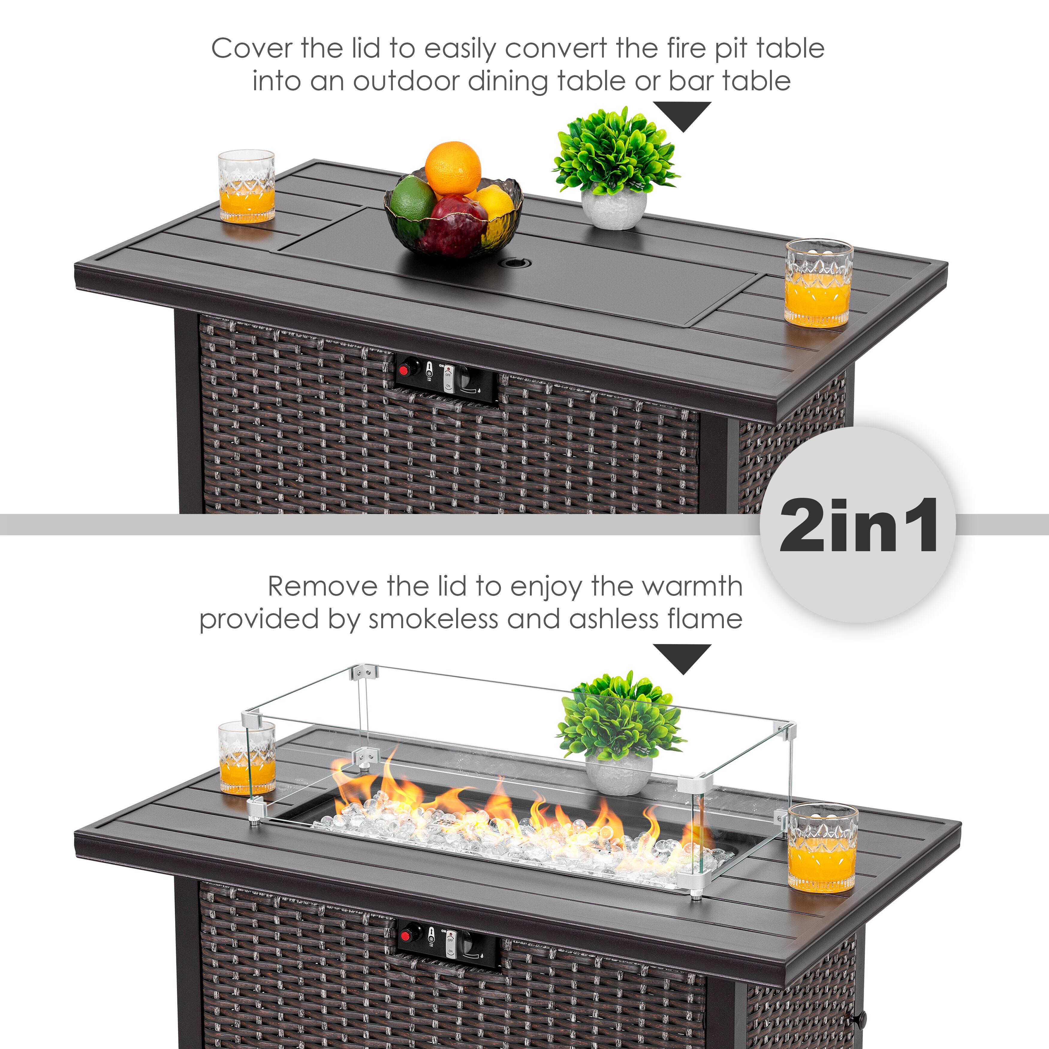 Cover the lid to easily convert the fire pit table into an outdoor dining table or bar table

2in1

Remove the lid to enjoy the warmth provided by smokeless and ashless flame