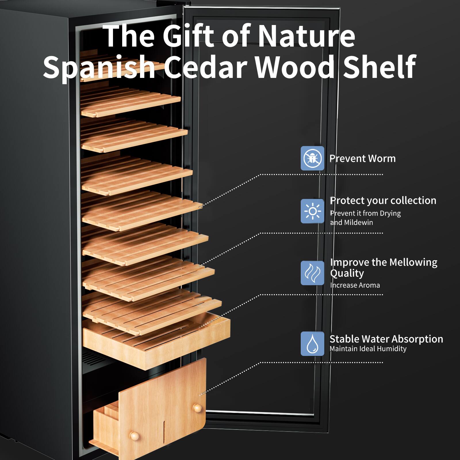 The Gift of Nature Spanish Cedar Wood Shelf

- Prevent Worm
- Protect your collection
  - Prevent it from Drying and Mildew
- Improve the Mellowing Quality
  - Increase Aroma
- Stable Water Absorption
  - Maintain Ideal Humidity