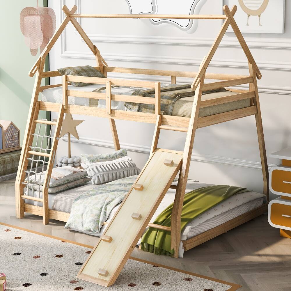 Front. Loheer - Loheer Twin Over Queen House Bunk Bed with Climbing Net Ramp Natural - Natural.