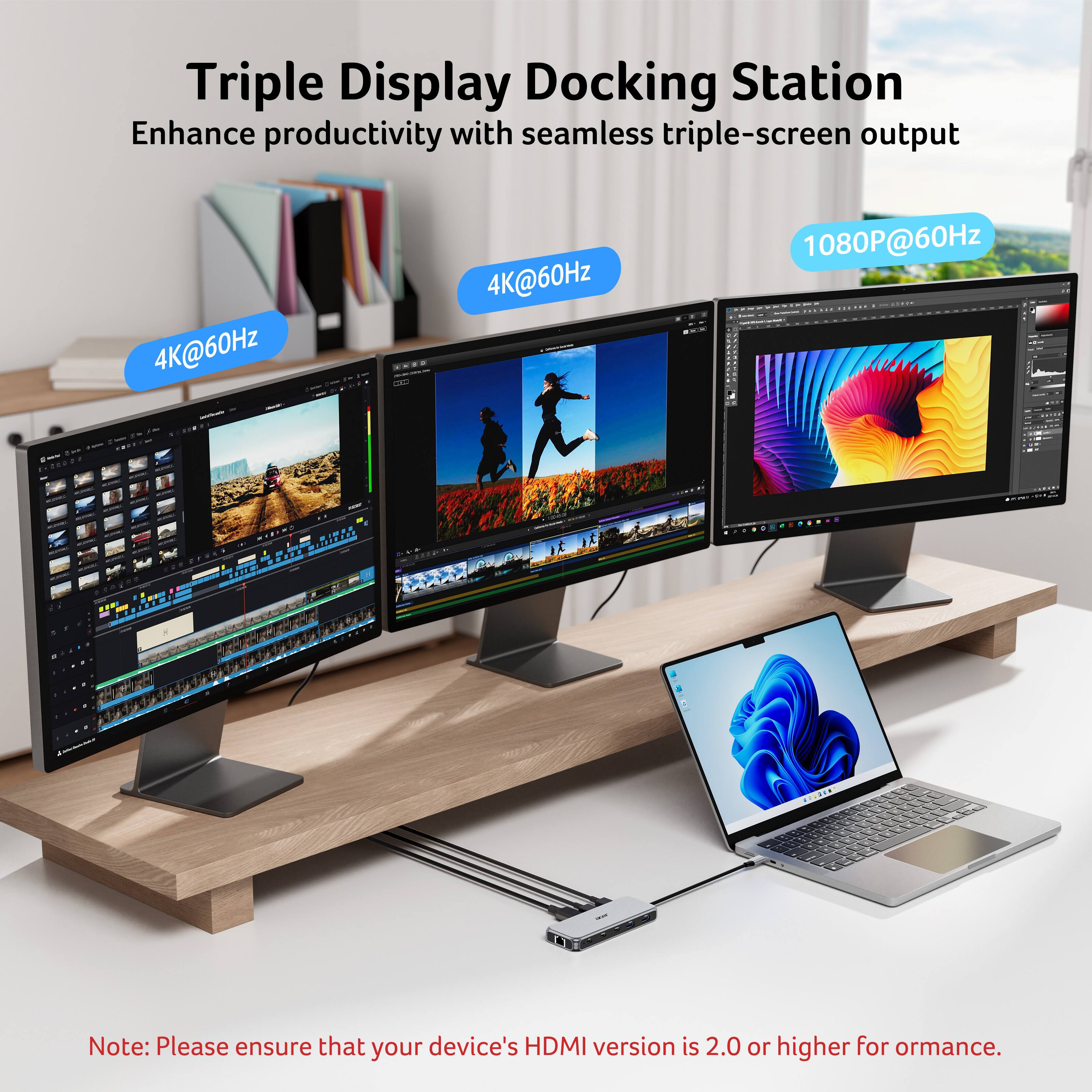 Triple Display Docking Station  
Enhance productivity with seamless triple-screen output  
4K@60Hz  
4K@60Hz  
1080P@60Hz  

Note: Please ensure that your device's HDMI version is 2.0 or higher for performance.