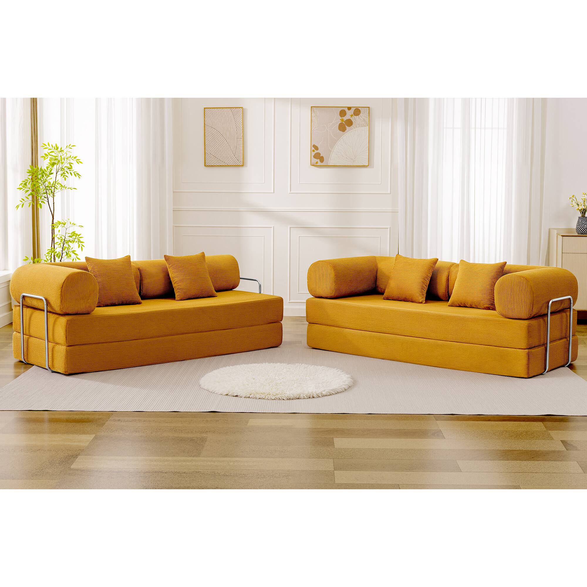 Left. KERDOM - Upholstered L Shaped Modular Sofa Bed with Chaise, Corduroy Folding Floor Convertible Sofa Couch Bed for Living Room - Ginger Yellow.