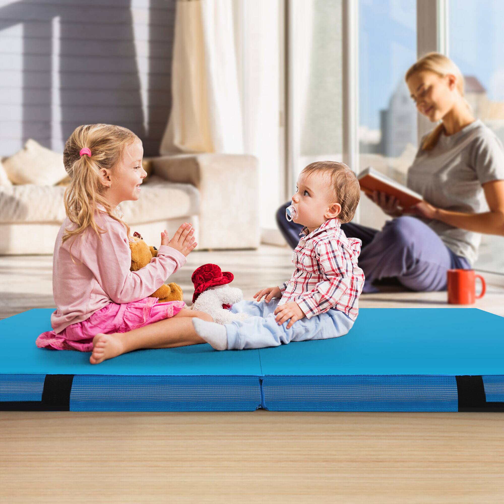 Alt View 3. Gymax - Gymax 4'x4'x4'' Bi-Folding Gymnastic Tumbling Mat W/Handles for Home Gym Yoga MMA Blue - Blue.