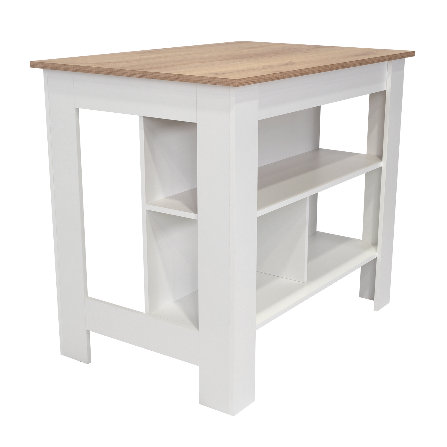 Alt View 1. TuHome - Cala Kitchen Island, Four Legs, Three Shelves, White and Light Oak - White, Light Oak.