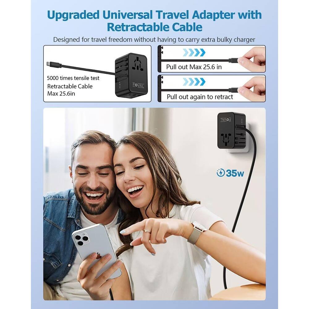 Upgraded Universal Travel Adapter with Retractable Cable

Designed for travel freedom without having to carry extra bulky charger

5000 times tensile test
Retractable Cable
Max 25.6in

Pull out Max 25.6 in
Pull out again to retract

35w