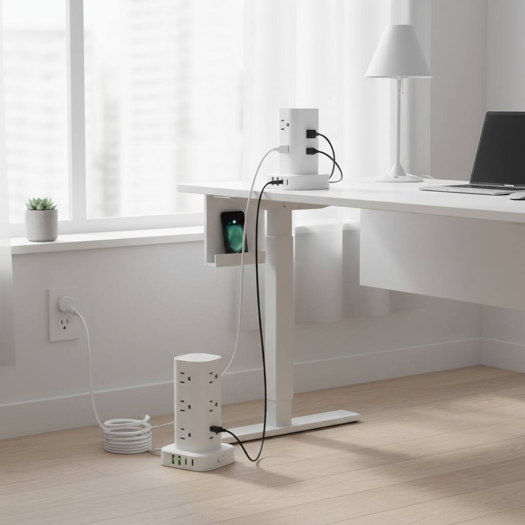 Back. Dazzed Corner - Tower Surge Protector – 12 AC Outlets, 4 USB, 6Ft Flat Cord - White.