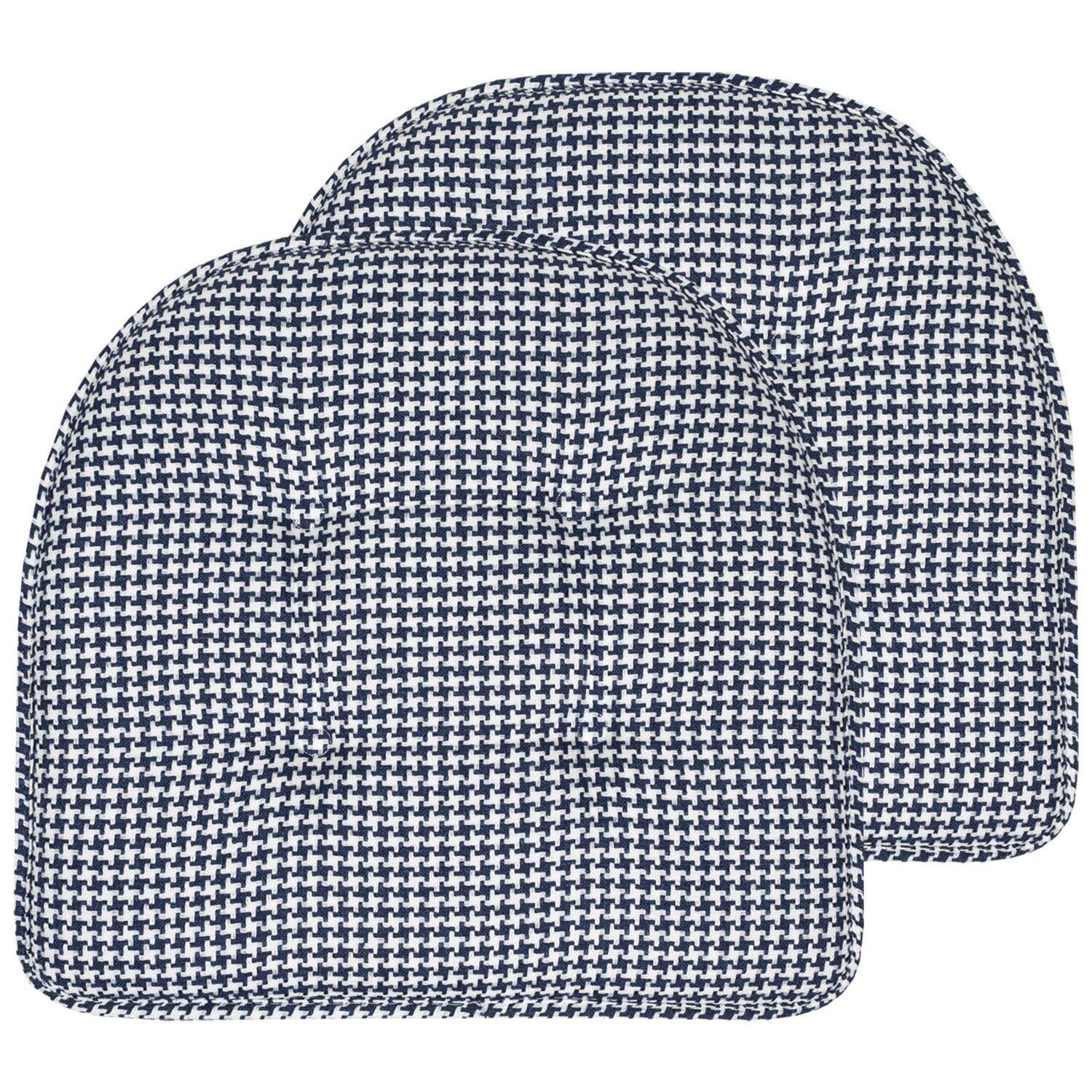 Front. Sweet Home Collection - Houndstooth Stitch U Shaped Memory Foam 17" x 16" Chair Cushions, 2-Pack - Navy.
