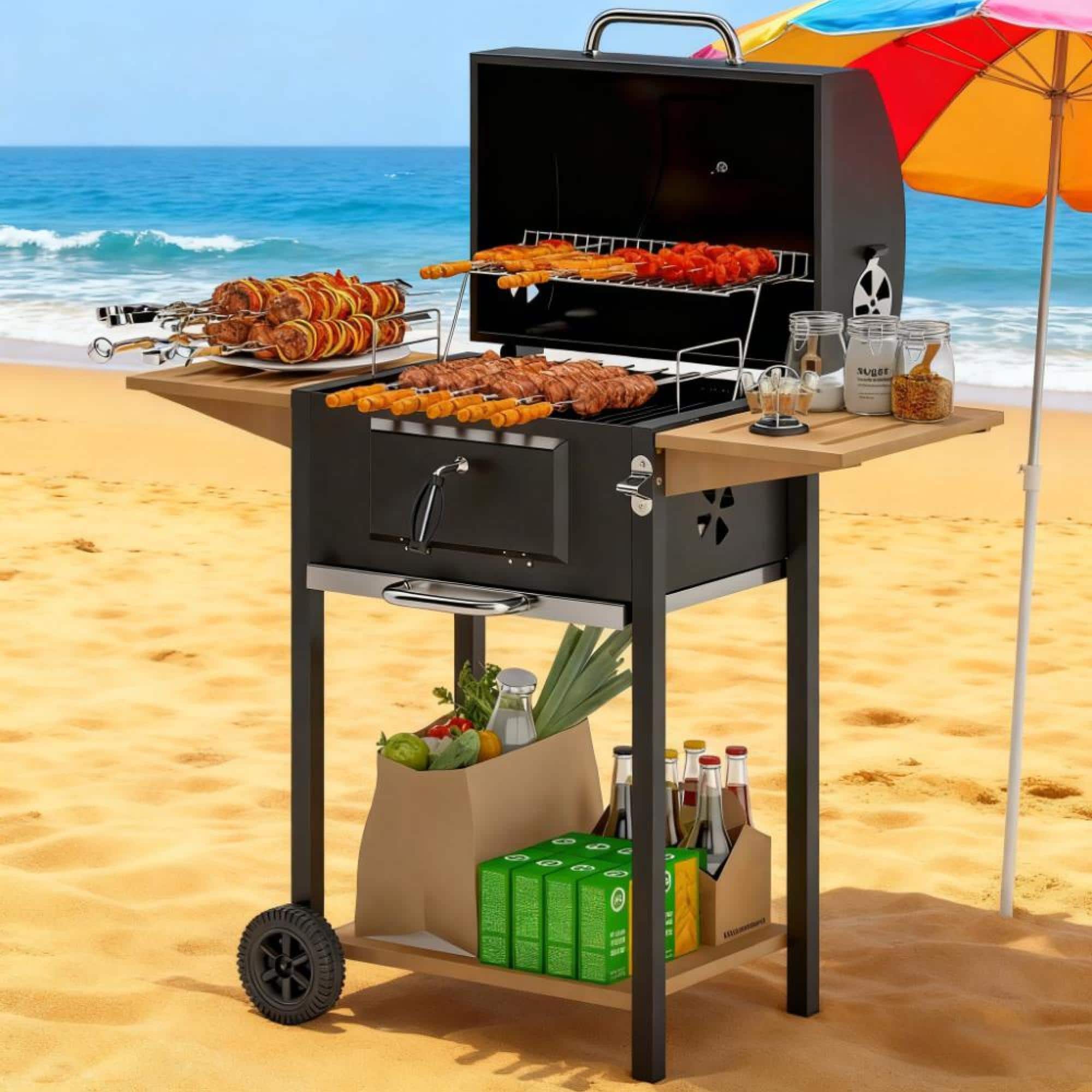 GOODSILO - Premium Charcoal BBQ Grill with Adjustable Heat Control and Convenient Storage Shelves - Black