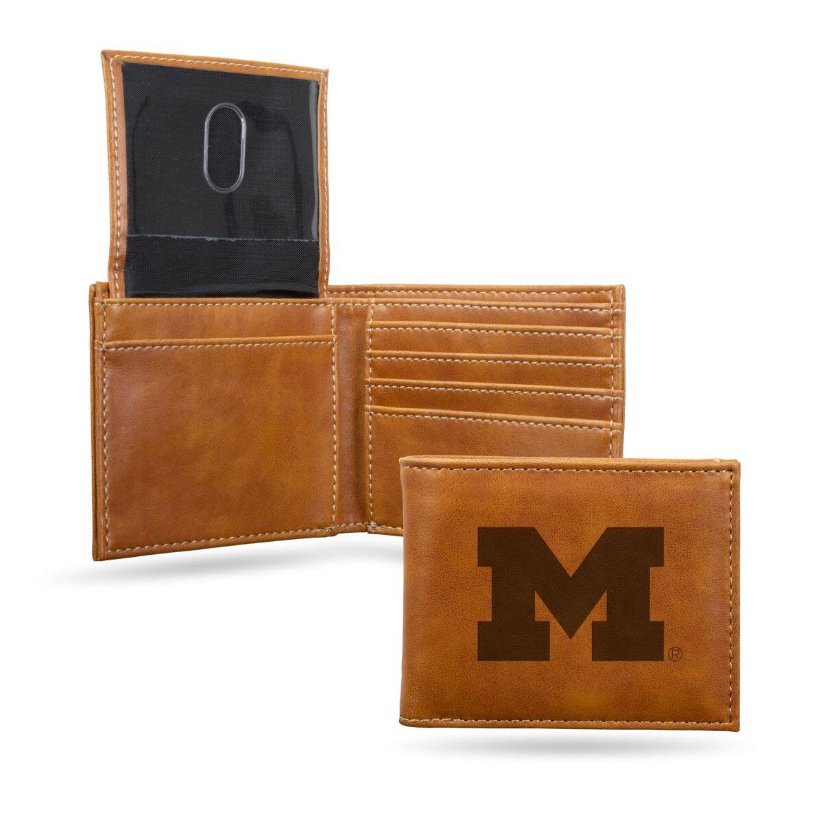 Front. Rico Industries - Michigan Wolverines Laser Engraved Brown Synthetic Leather Billfold Wallet - Multi.