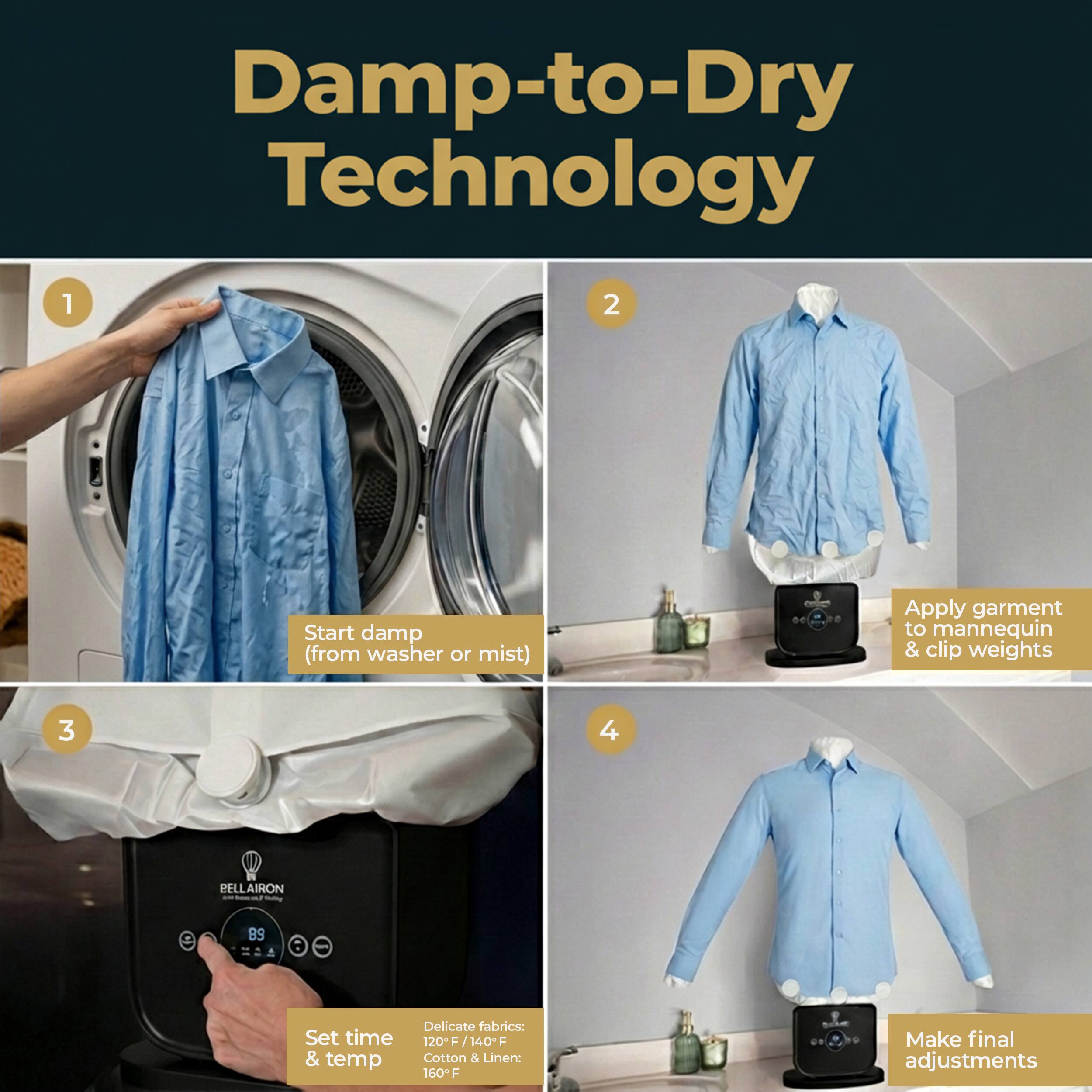 Damp-to-Dry Technology

1. Start damp (from washer or mist)
2. Apply garment to mannequin & clip weights
3. Set time & temp
   - Delicate fabrics: 120-140°F
   - Cotton & Linen: 160°F
4. Make final adjustments