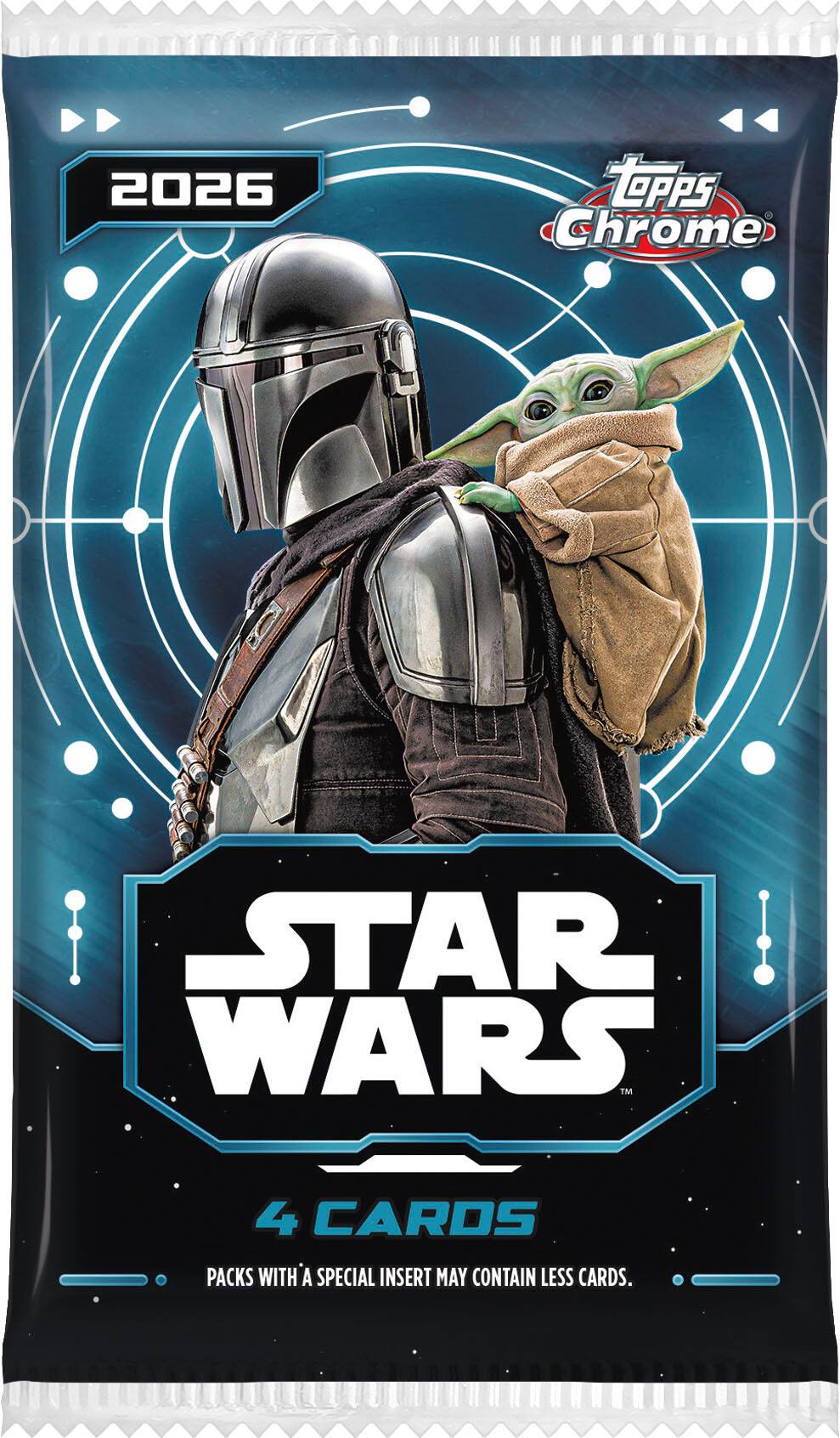 2026  
Topps Chrome  
STAR WARS  
4 CARDS  
PACKS WITH A SPECIAL INSERT MAY CONTAIN LESS CARDS.