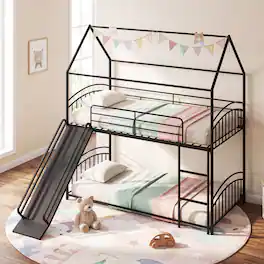Gymax - House Bunk Bed Frame w/ Metal Slats Reversible Ladder & Slide for Bedroom - Black