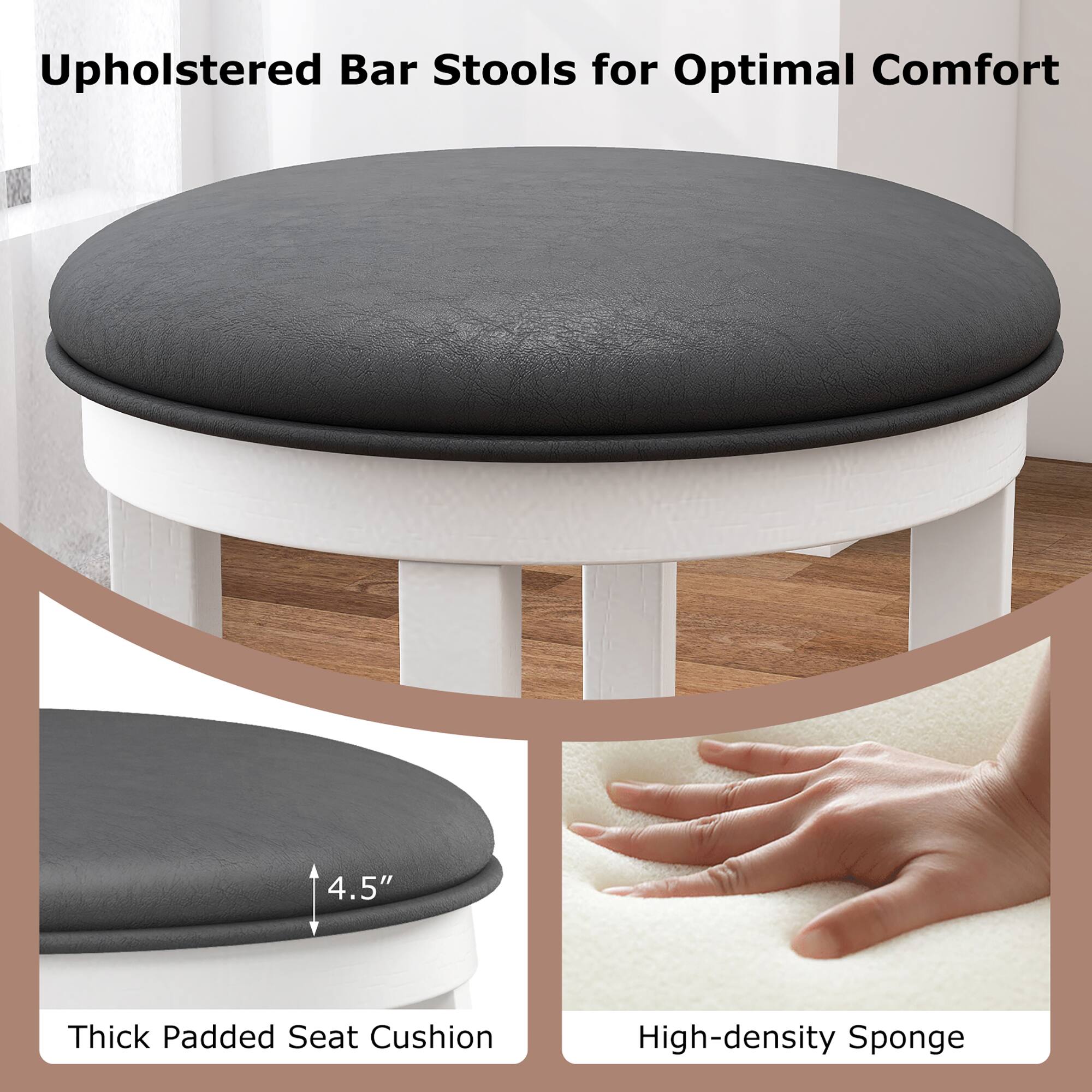 Upholstered Bar Stools for Optimal Comfort, 4.5" Thick Padded Seat Cushion, High-density Sponge