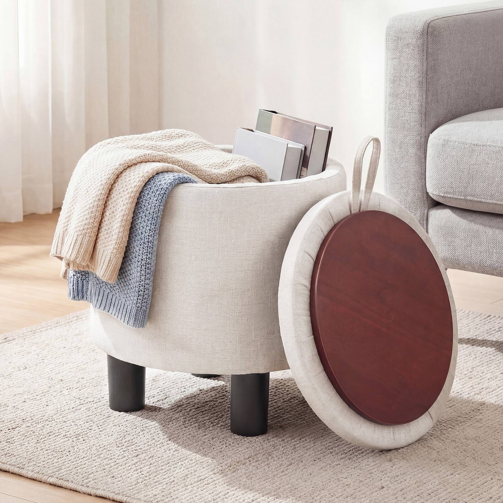 Alt View 1. Gymax - Gymax Round Storage Ottoman Linen Fabric Upholstered Footrest Stool w/ Removable Lid Beige - Beige.