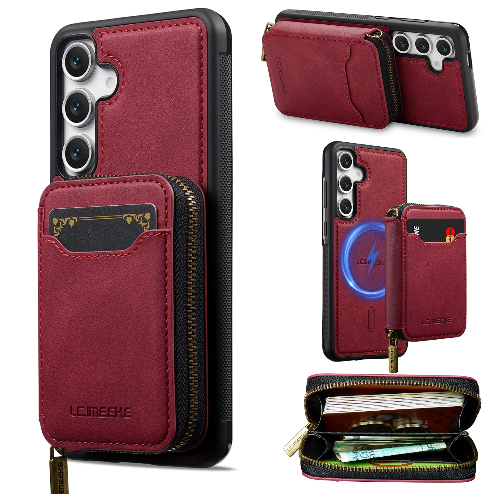 Dteck - 2-in-1 Magnetic Detachable Zipper Wallet Case for Samsung Galaxy S25 FE, RFID Blocking PU Leather Phone Cover - Red