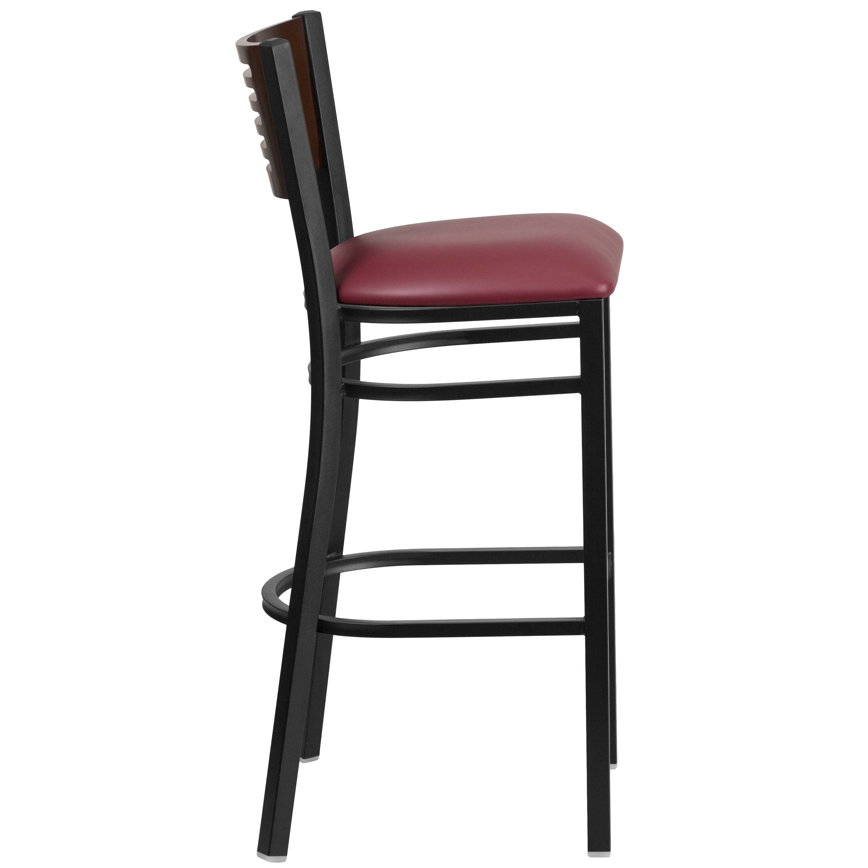 Alt View 4. Emma + Oliver - Decorative Slat Back Metal Restaurant Dining Barstool - Walnut Wood Back/Burgundy Vinyl Seat/Black Metal.