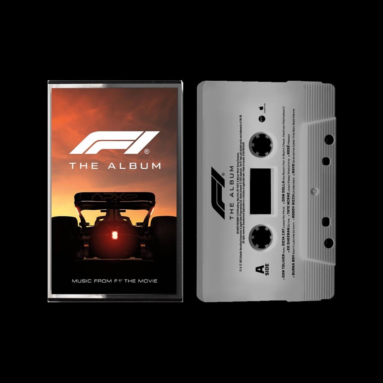 Sure, here is the corrected and grouped text from the image:

---

**Front Cover:**

- F1
- THE ALBUM
- MUSIC FROM F1 THE MOVIE

**Back Cover:**

- THE ALBUM
- A SIDE
- 1. HUMAN
- 2. TATE
- 3. ROOOV
- 4. CAT
- 5. SHEERA
- 6. L TOLIVER
- 7. BOY DON BURNA
- 8. RICCH
- 9. HOO
- 10. RAVE
- 11. AEN
- 12. BAN
- 13. ROSE
- 14. UNDERDON
- 15. A
- 16. I
- 17. I
- 18. I
- 19. I
- 20. I
- 21. I
- 22. I
- 23. I
- 24. I
- 25. I
- 26. I
- 27. I
- 28
