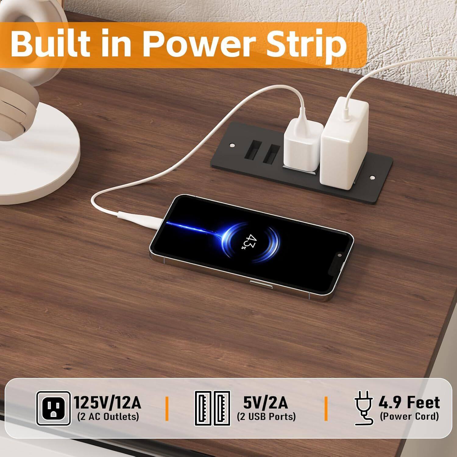 Built in Power Strip

125V/12A (2 AC Outlets)

5V/2A (2 USB Ports)

4.9 Feet (Power Cord)