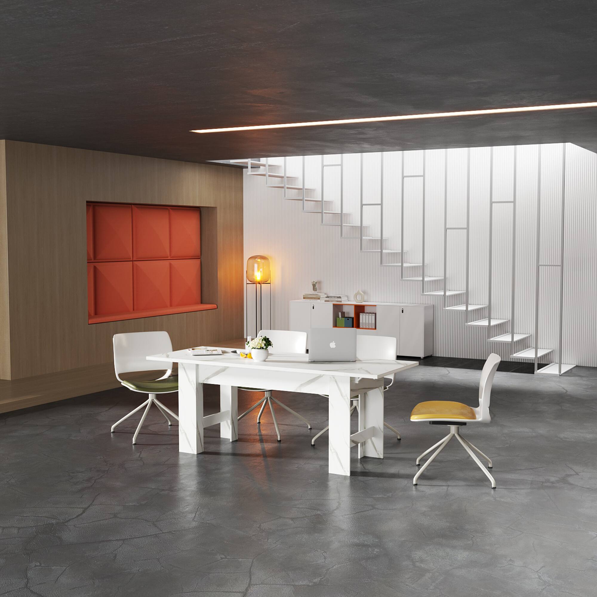 Left. FUFU&GAGA - Extendable Multifunctional Table with Press-to-Expand Design, Convertible Dining and Work Desk with Faux Stone Top - Marble White.