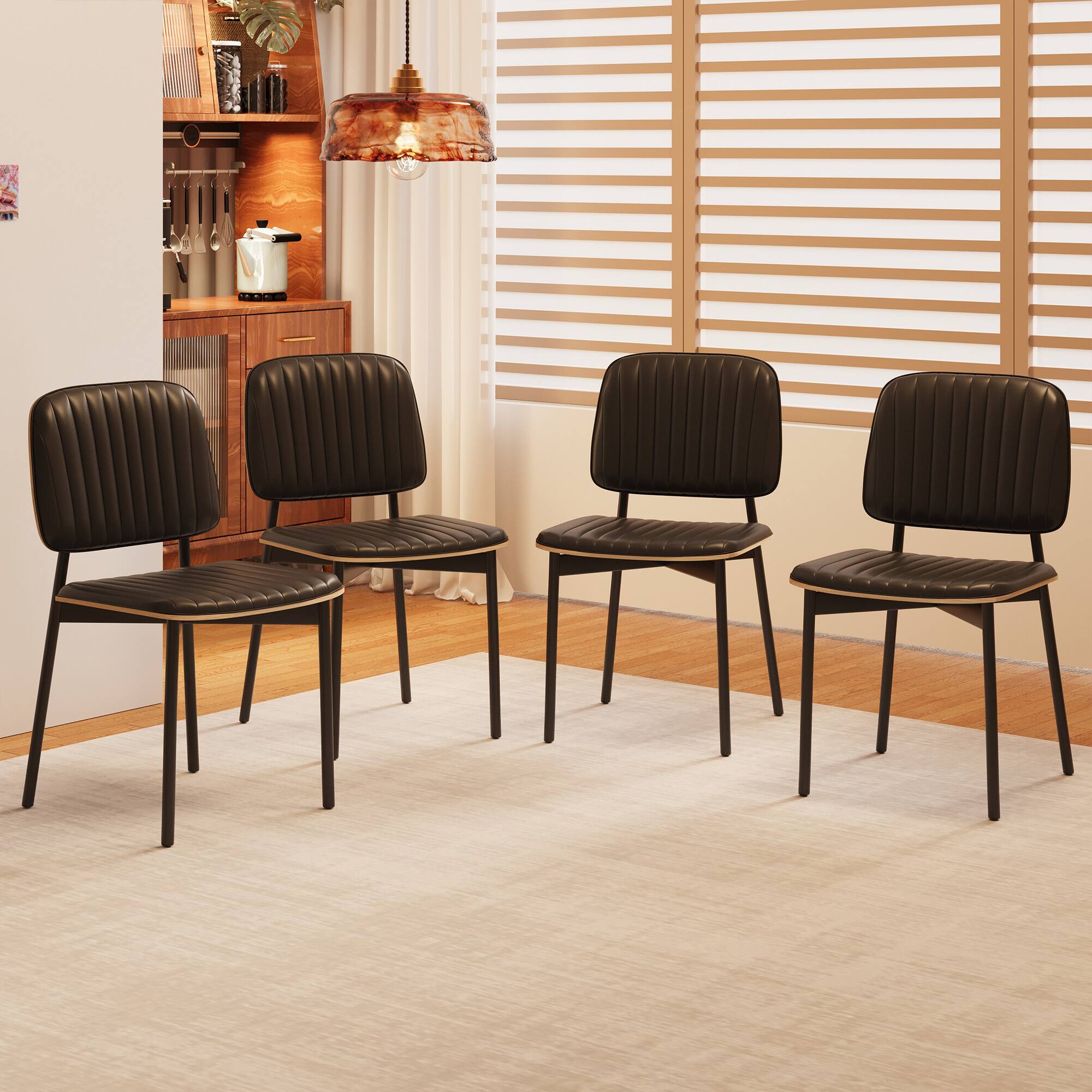 Angle. luck idea - Mid-century Modern Dining Chair, Upholstered Leather Seat Back, Stylish Side Chair For Kitchen Dining Room Living Room - Black.