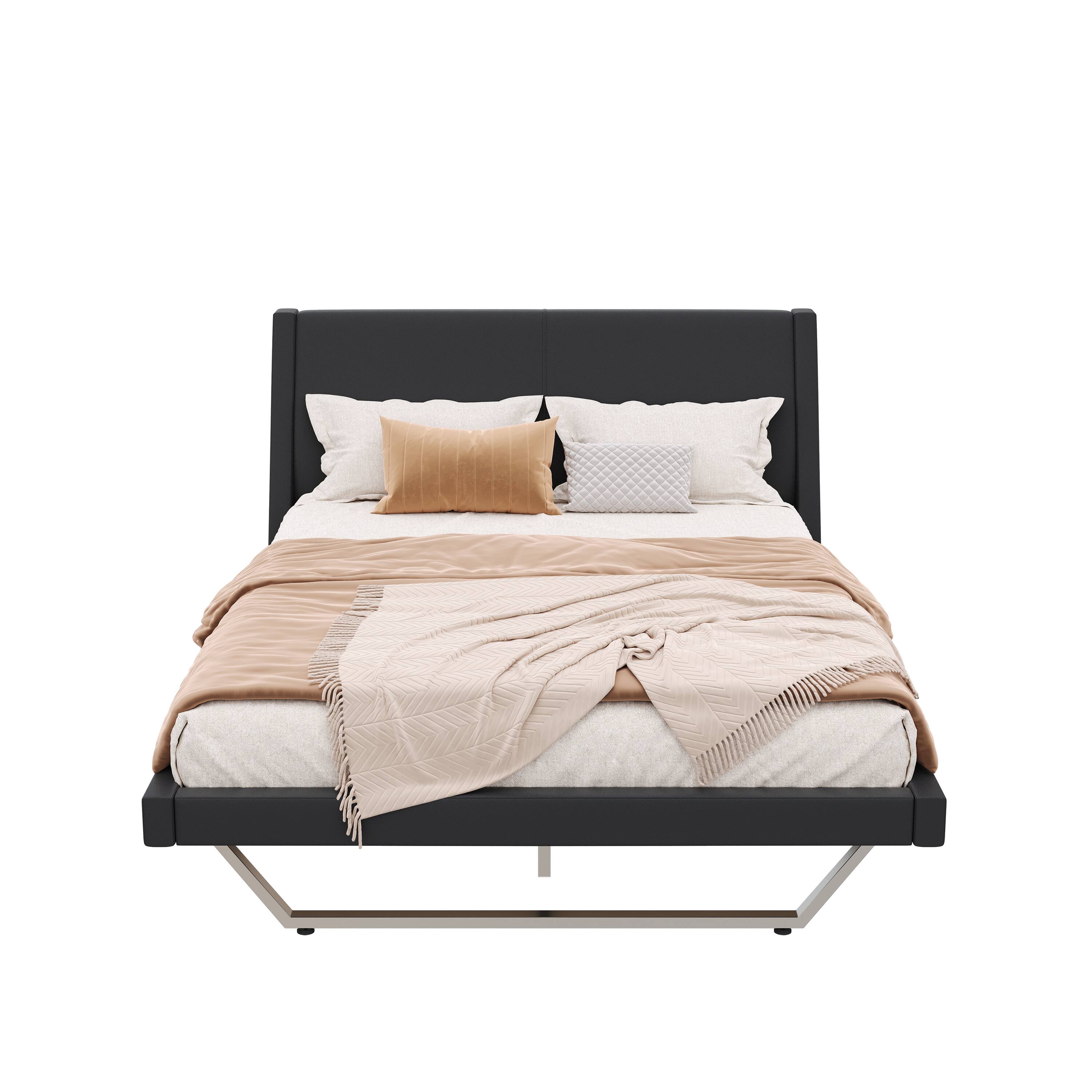 Alt View 1. Whisen - Queen Size Upholstered Platform Bed Frame with Trapezoidal-Shaped Leg for Bedroom - Black.
