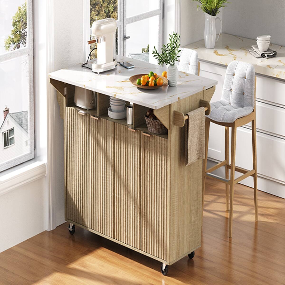 Angle. Loheer - 55.5 inch fluted kitchen island with 2 drop leaf, faux marble top kitchen island, rolling kitchen cart with power outlet - Natural.