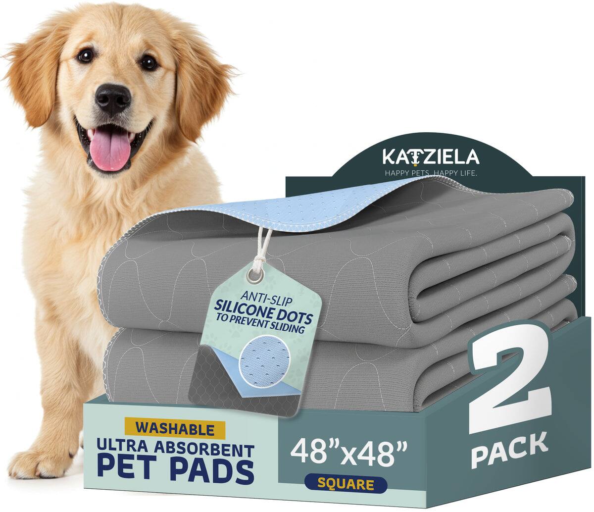 KATZIELA HAPPY PETS HAPPY LIFE.  
ANTI-SLIP SILICONE DOTS PREVENT SLIDING  
WASHABLE  
ULTRA ABSORBENT  
48"x48"  
2 PACK  
SQUARE
