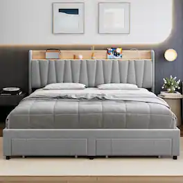 GARVEE - King Size Bed Frame Light Grey Storage Headboard Platform Drawers Charging Station Easy Assembly - Light Gray King