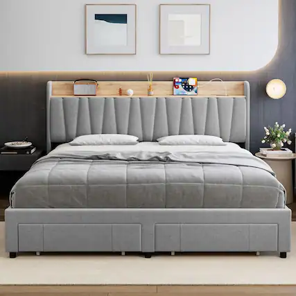 Front. Qeetex - Full Size Bed Frame with Storage Headboard Upholstered Platform Beds with Drawers Charging Station Noise-Free Easy A - As Shown.