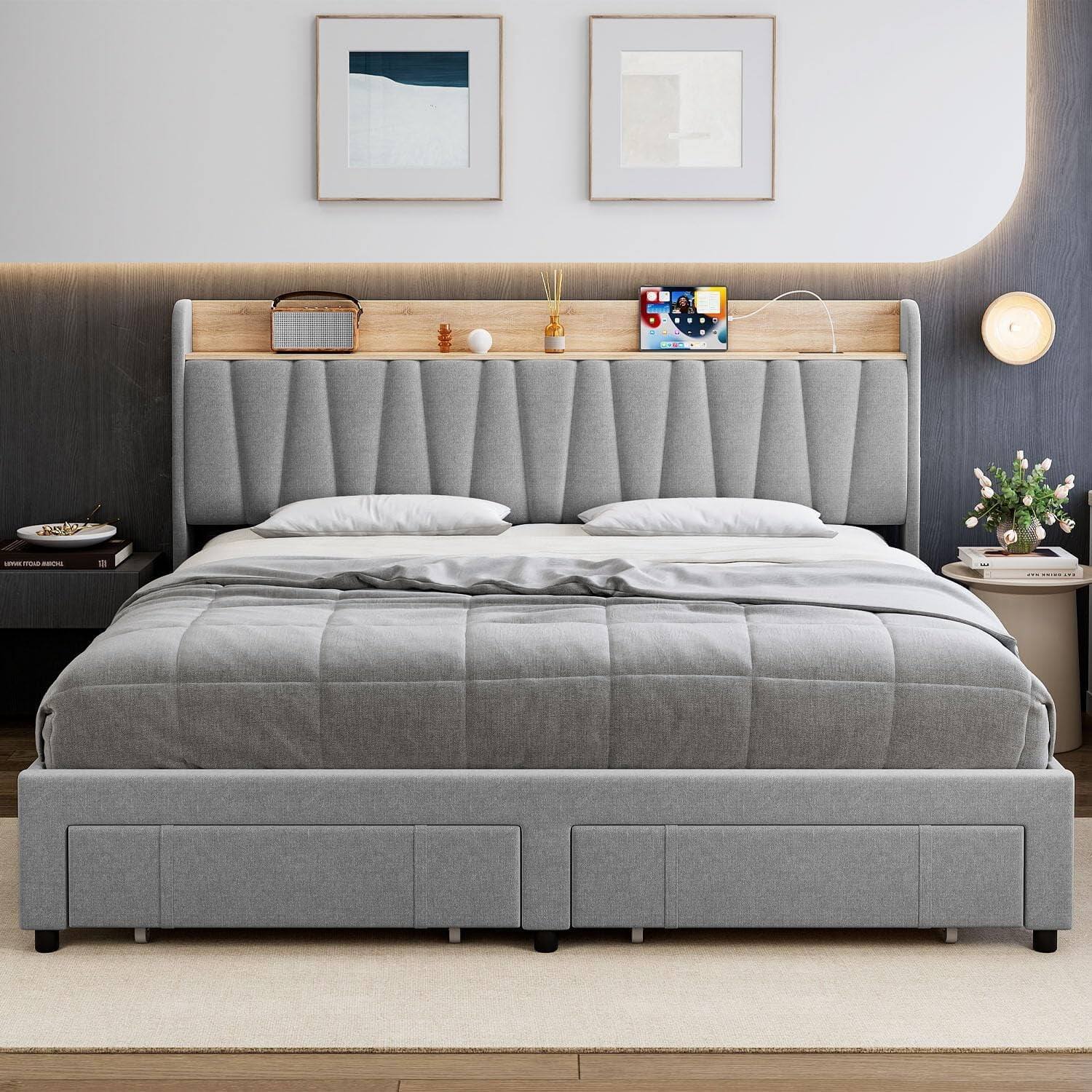GARVEE - King Size Bed Frame Light Grey Storage Headboard Platform Drawers Charging Station Easy Assembly - Light Gray King