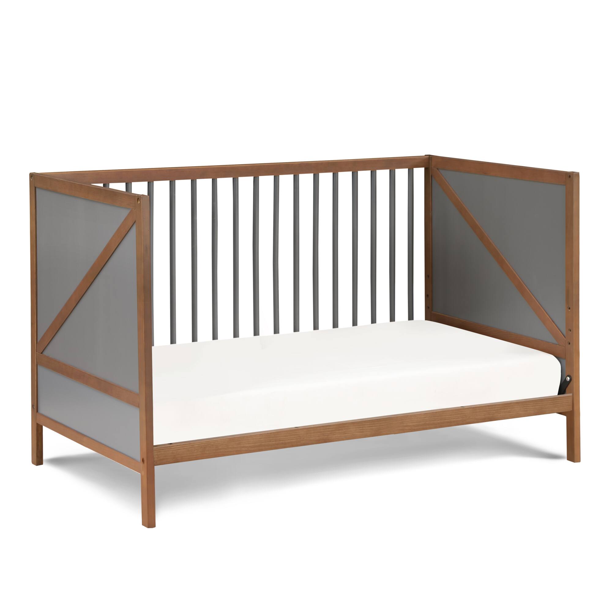 Back. GOODSILO - Convertible 3-in-1 Wooden Crib with Adjustable Mattress Heights and Mid-Century Modern Design - Walnut Brown.