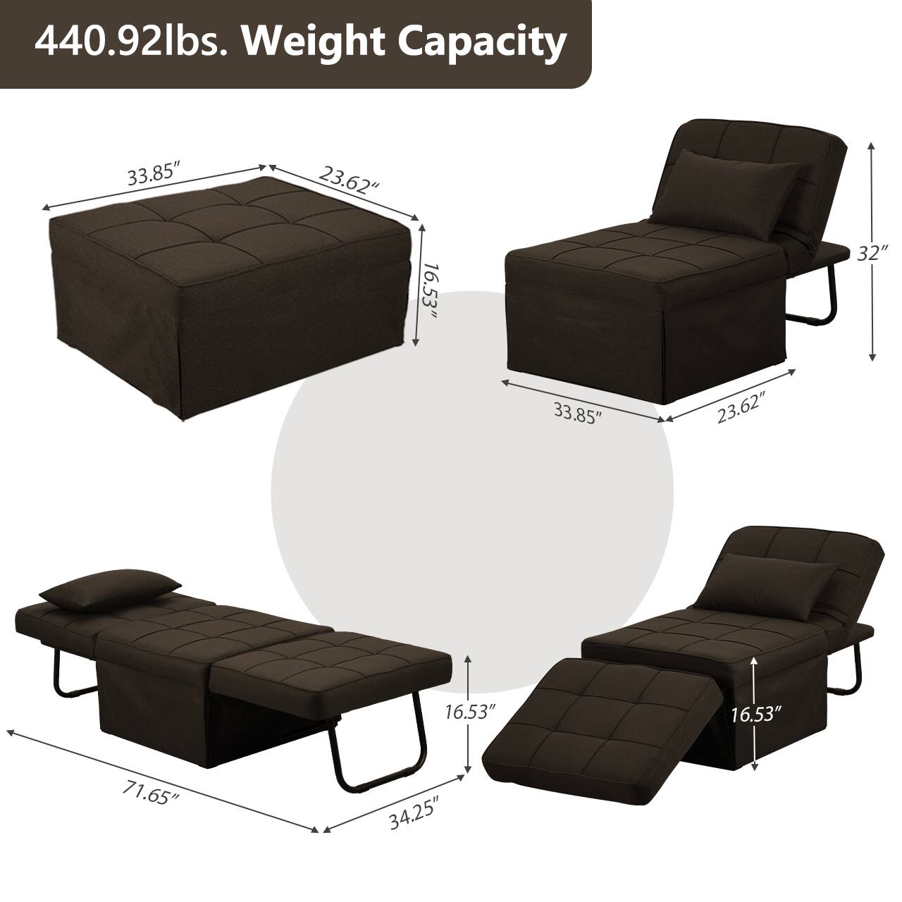 440.92lbs. Weight Capacity

33.85" x 23.62" x 16.53"  
32"  
71.65" x 34.25"