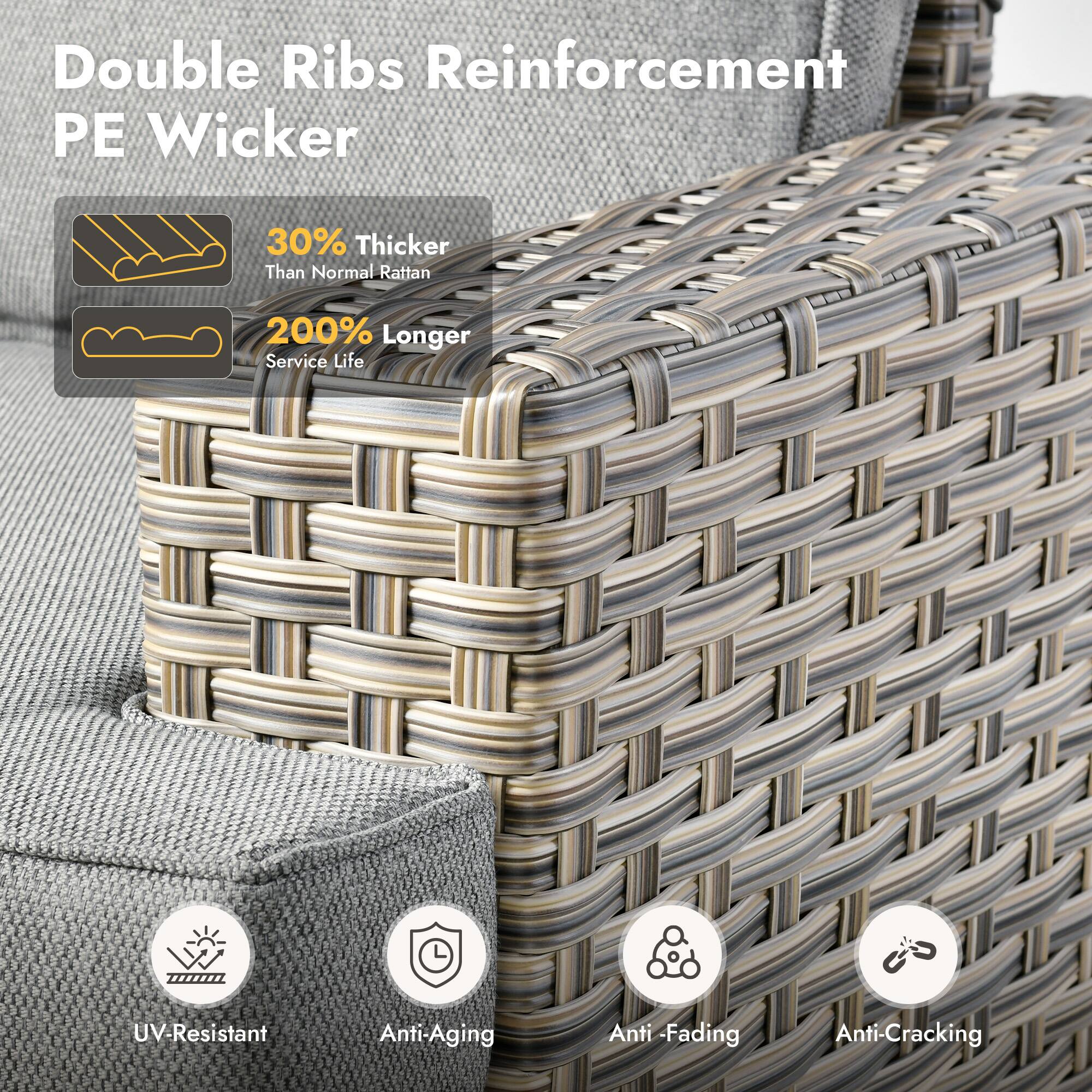 Double Ribs Reinforcement PE Wicker

- 30% Thicker Than Normal Rattan
- 200% Longer Service Life

Features:
- UV-Resistant
- Anti-Aging
- Anti-Fading
- Anti-Cracking