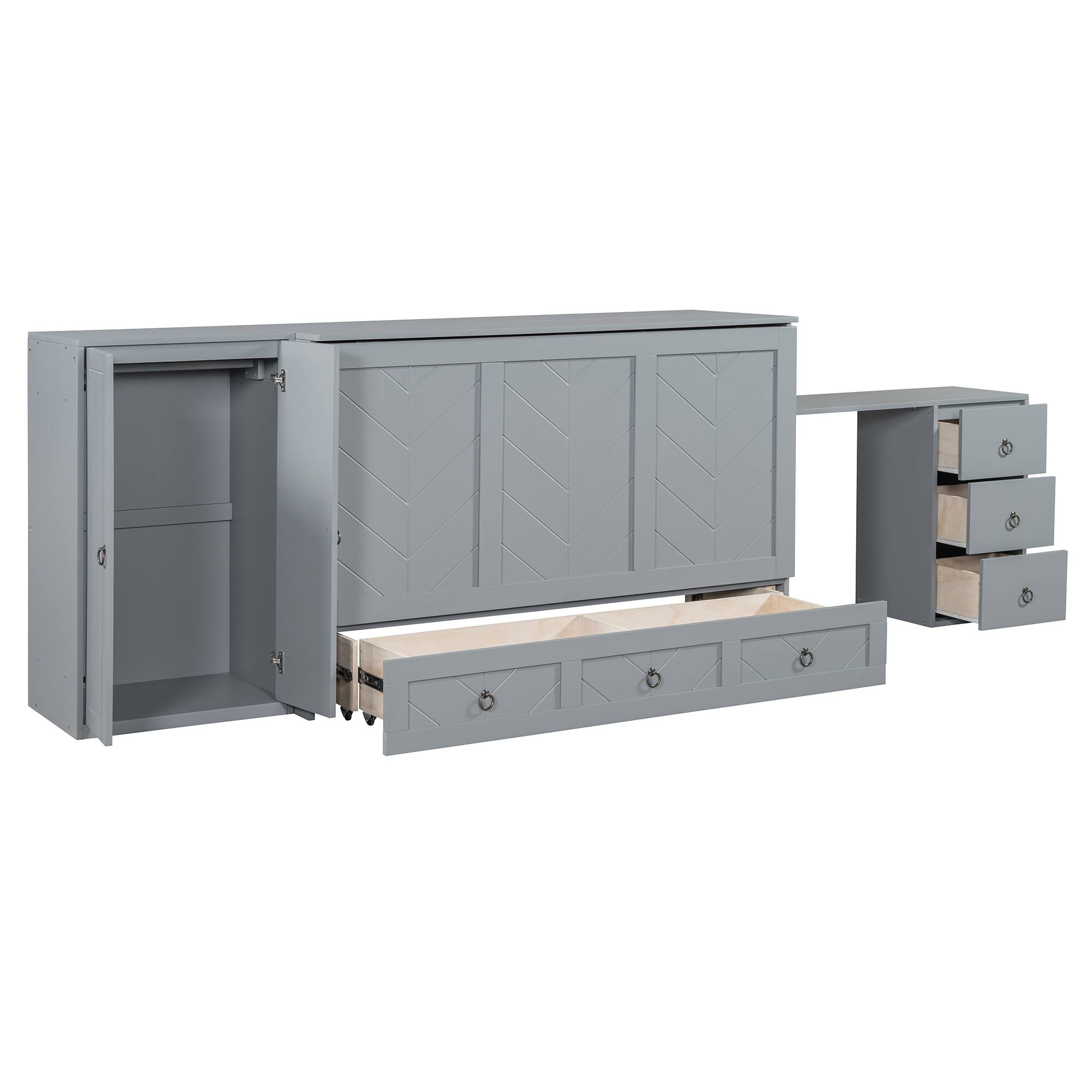Alt View 4. Tiramisubest - Queen Size Murphy Bed with USB, Drawer, Wardrobe/Desk - Gray Wood+MDF Cabinet Bed - Gray.