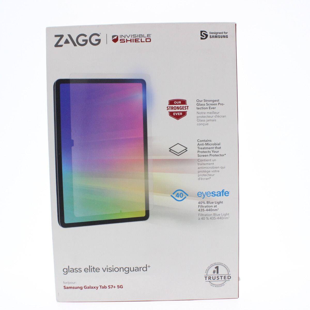 INVISIBLE ZAGG SHIELD  
Designed for SAMSUNG  
Our Strongest Glass Screen Protection Ever  
Notre meilleur protecteur d'écran jamais conçu  
Contains Anti-Microbial Treatment that Protects Your Screen Protector*  
Contient un traitement antimicrobien qui protège votre protecteur d'écran  
40% Blue Light Filtration at 435-440nm  
Filtration Blue Light à 40% 435-440nm  
glass elite visionguard+  
for/pour: Samsung Galaxy Tab S7+ 5G  
TRUSTED