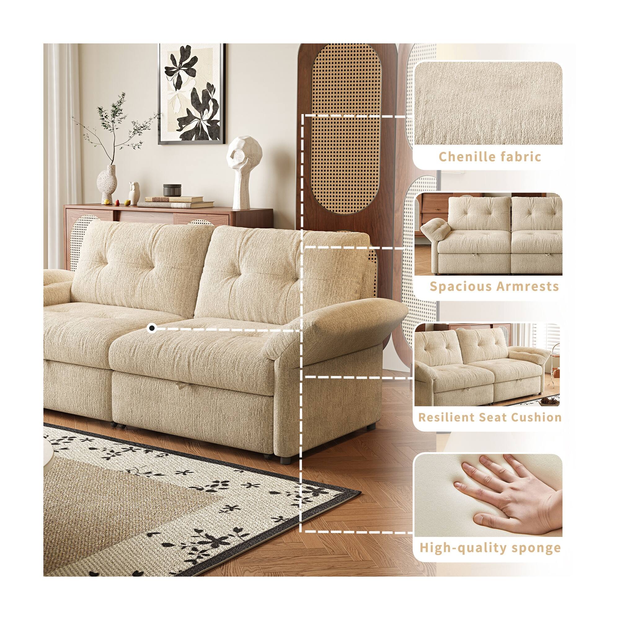 Chenille fabric  
Spacious Armrests  
Resilient Seat Cushion  
High-quality sponge