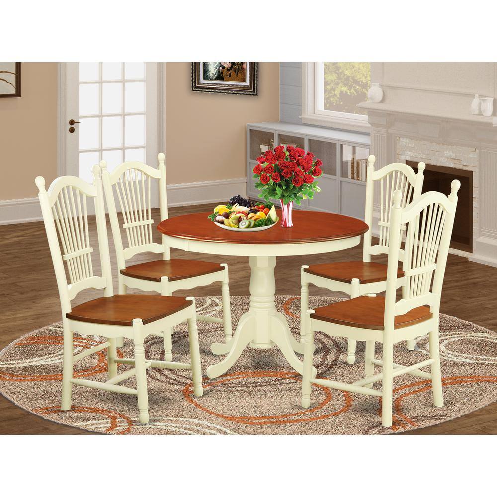 Back. East West Furniture - 5 Pc set with a Round Small Table and 4 Leather Kitchen Chairs in Buttermilk and Cherry . - Buttermilk & Cherry.
