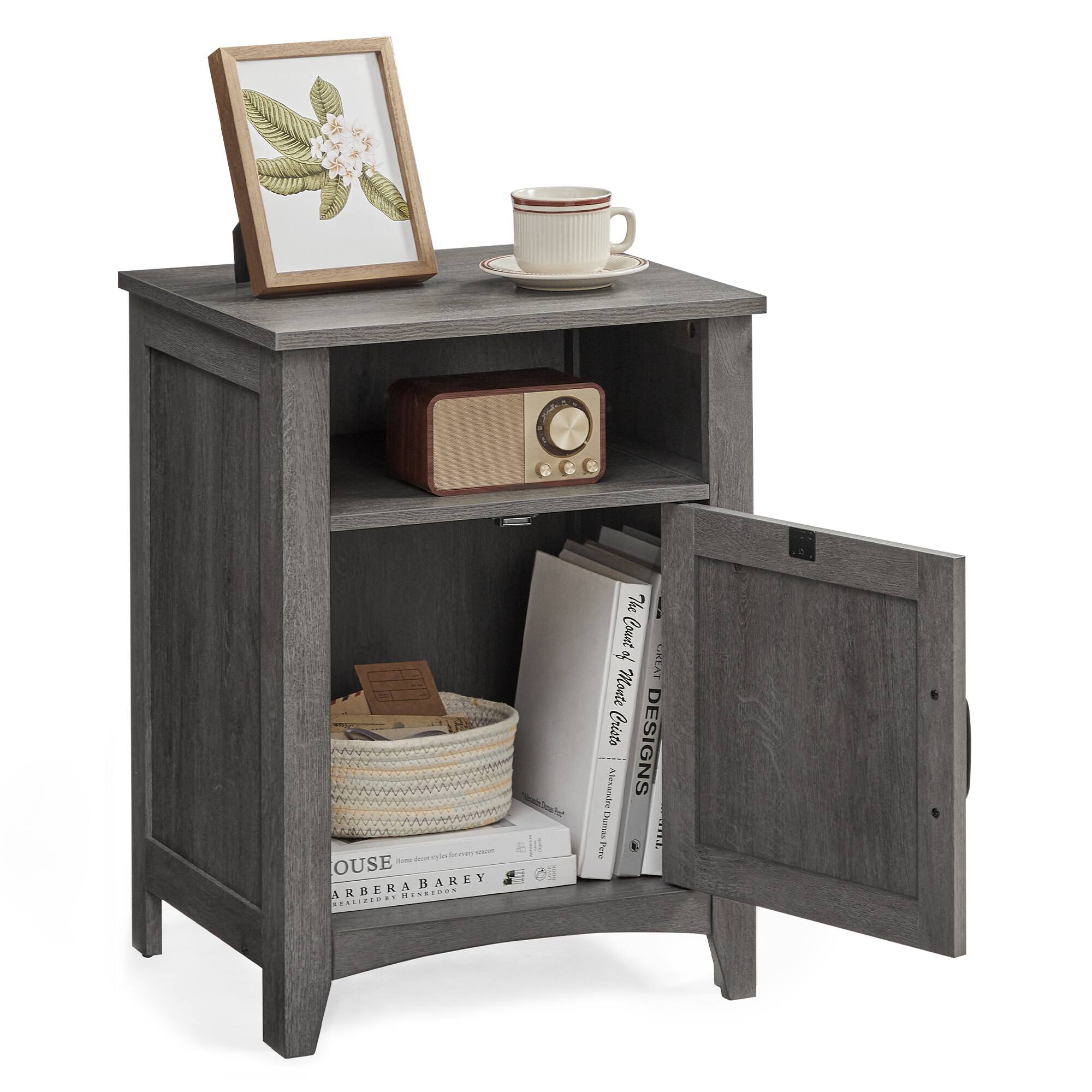 Songmics Home - Farmhouse Nightstand with Barn Door, Bedside Table with Storage, Side End Table, Night Stand, Open Compartment - Misty Gray