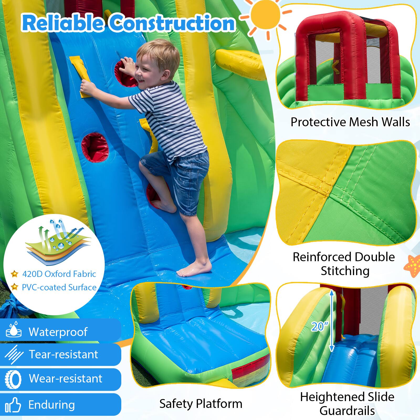 Reliable Construction

Protective Mesh Walls

420D Oxford Fabric PVC-coated Surface

Reinforced Double Stitching

Waterproof

Tear-resistant

Wear-resistant

Enduring

Safety Platform

Heightened Slide Guardrails