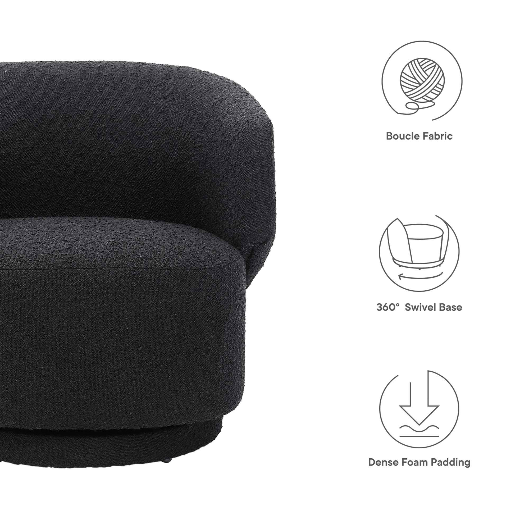 - Boucle Fabric
- 360° Swivel Base
- Dense Foam Padding
