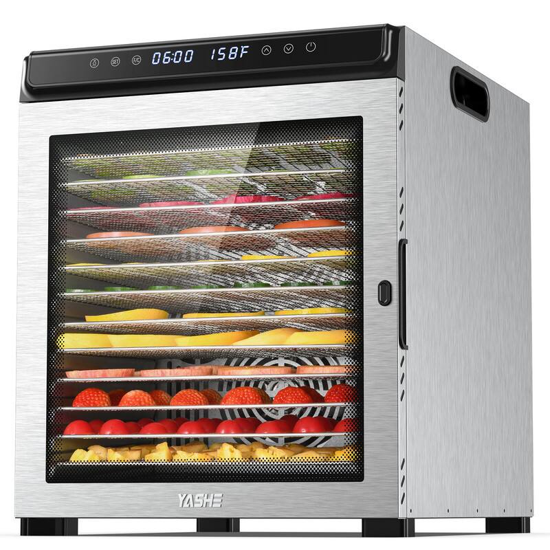 YASHE - 12Tray Stainless Steel Food Dehydrator, 1300W, 72H Timer, 95-167°F, for Jerky, Herbs, Fruits, Recipes Included - Silver